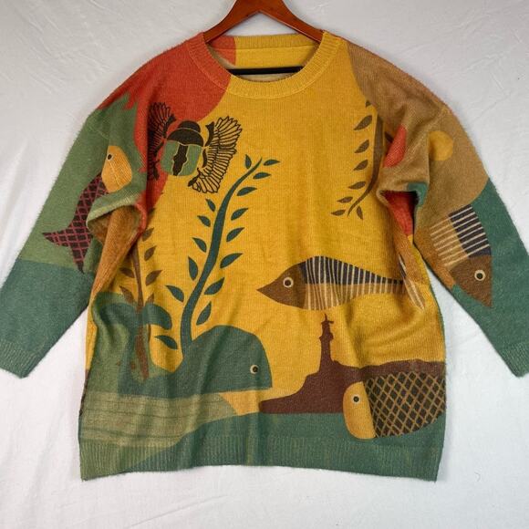 Yesno Printed Ocean Fish Graphic Sweater Womens XXXL Soft Wool Blend Oversized - Picture 2 of 8